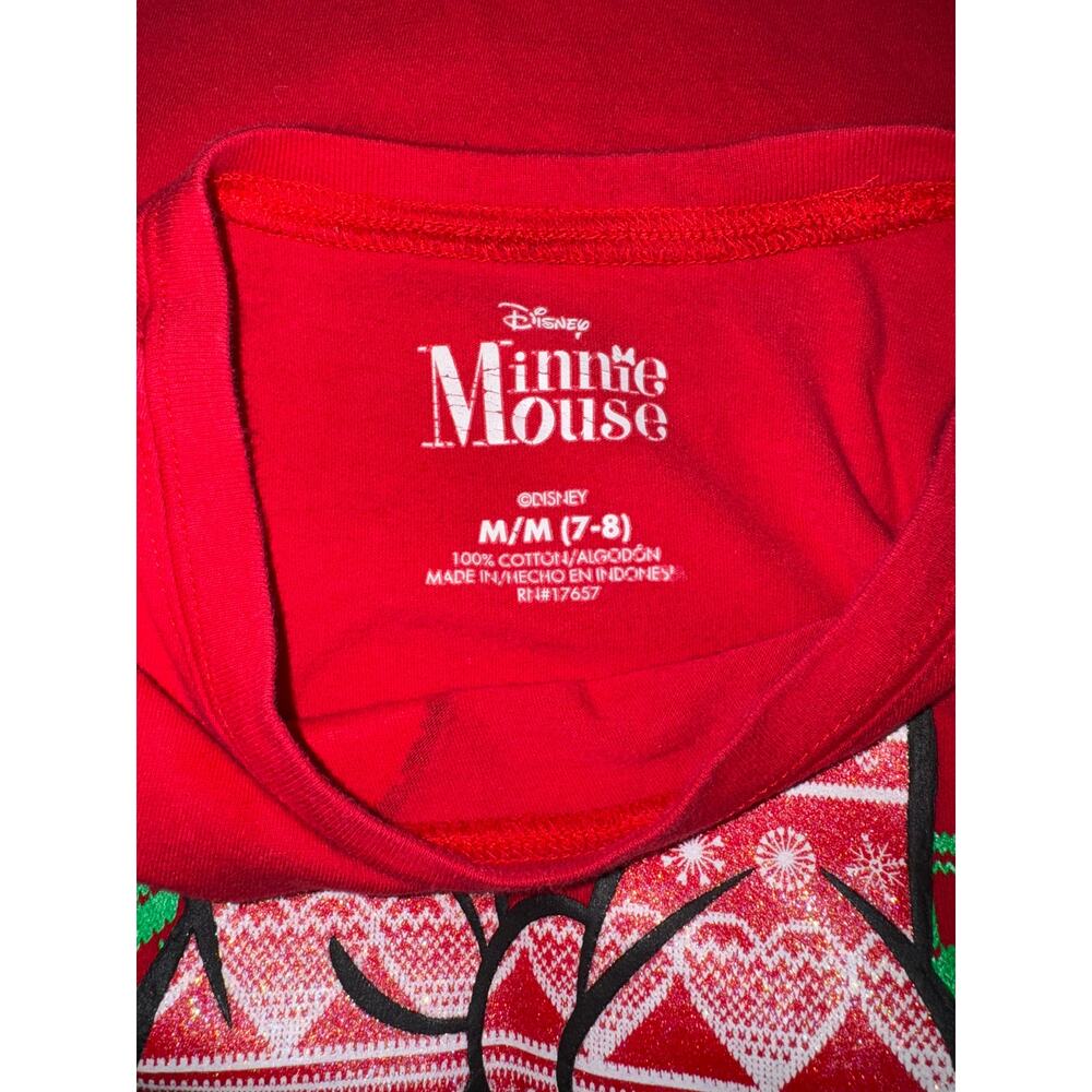 Disney Minnie Mouse Girls Red Holiday Shirt with Polka Dot Sleeves Size M (7/8) - Picture 4 of 5